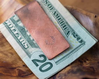 Custom Copper Money Clip – Rustic Antler Stamped, Personalized Gift
