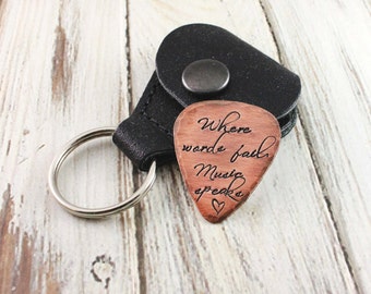 Where words fail Music speaks - Custom copper guitar pick with case - Hand stamped copper - Musician gift - Copper gift - 7th anniversary