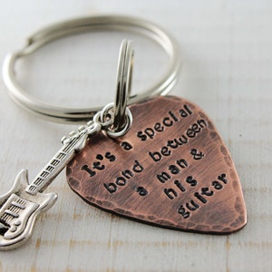 Copper guitar pick keychain, keyring with guitar, hand stamped customized image 1