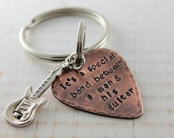 Copper guitar pick keychain, keyring with guitar, hand stamped customized