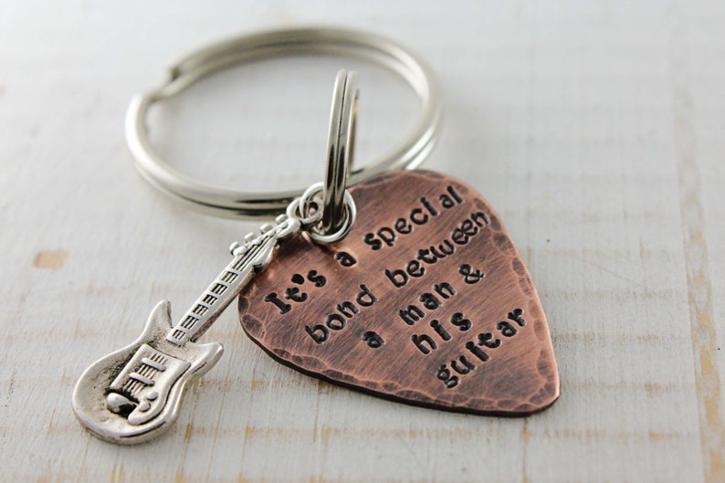 Copper guitar pick keychain, keyring with guitar, hand stamped customized image 1