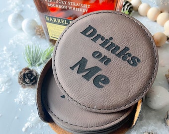 Custom leather coaster set - Gift for him - Leather gift - Bourbon lover gift - Bar accessories - Home decor - Gifts for guys - Personalized