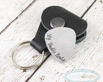 Custom guitar pick with leather case - Hand stamped pick - My Daddy Rocks - Gift for Dad - Musician gift - Personalized gift - Fathers Day