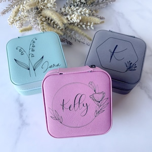Monogrammed Jewelry Case - Personalized Leather Travel Jewelry Box with Organization - Birth Month Flower Jewelry Box - Bridesmaid gifts