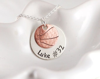 Basketball mom - Proud parent - Player jewelry- Team pride - Personalized hand stamped necklace- Sterling silver, copper basketball necklace