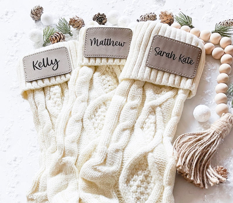 Personalized Christmas stockings Knit stocking Christmas holiday decor Holiday decorating Leather patch Name stockings Custom image 1