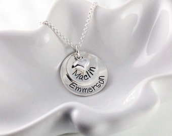 Mommy jewelry, Personalized hand stamped sterling silver necklace, Stacked disc necklace