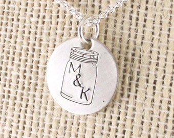 Personalized mason jar necklace - Initial necklace - Monogram jewelry - Couples necklace - Hand stamped necklace - Bride gift - Wedding gift