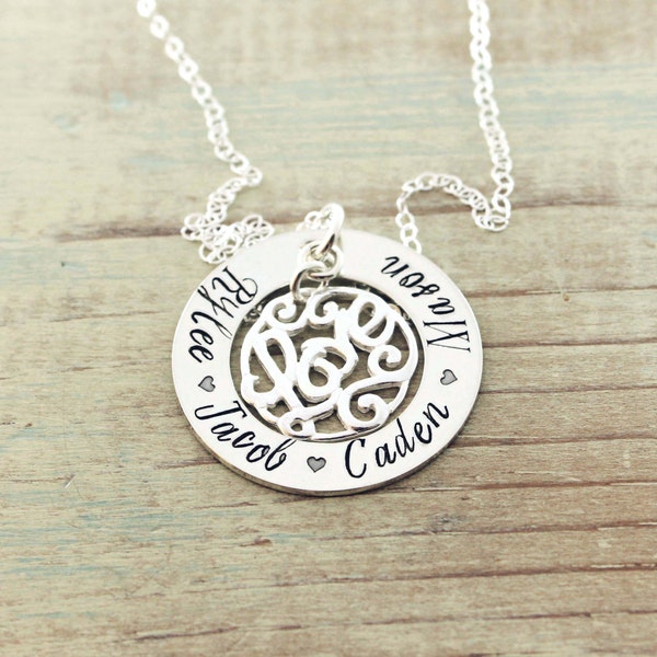 Customized Mommy jewelry - Hand stamped sterling silver washer necklace with love charm - Eternity necklace