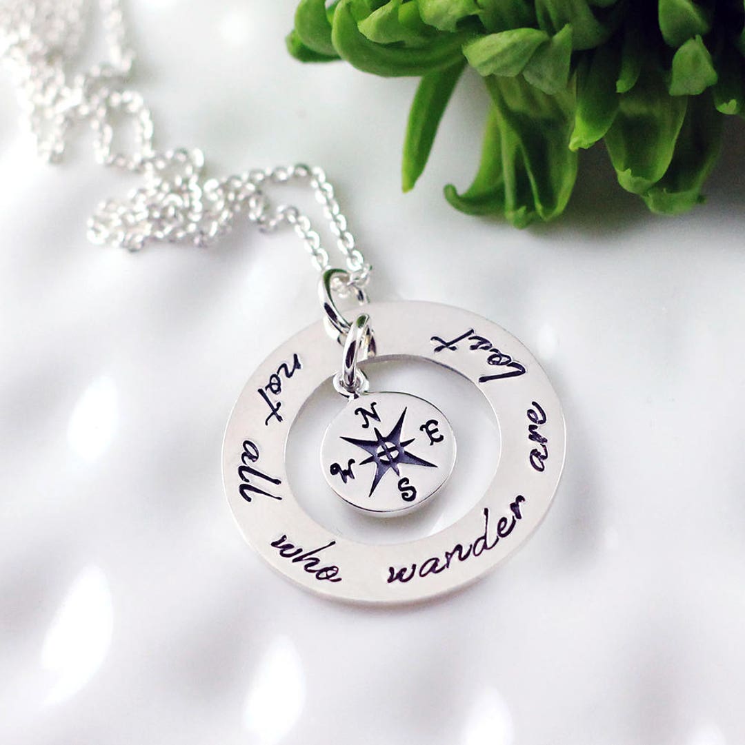 Sterling Silver Compass Necklace Hand Stamped Inspirational