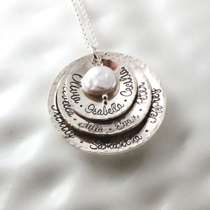 Grandmother's necklace Personalized jewelry Name necklace Hand stamped sterling silver Gift for grandma Coin pearl Multiple names image 1