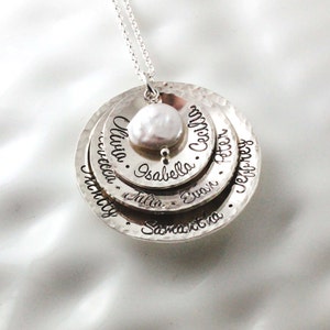 Grandmother&#39;s necklace - Personalized jewelry - Name necklace - Hand stamped sterling silver - Gift for grandma - Coin pearl- Multiple names