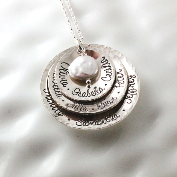 Grandmother's necklace - Personalized jewelry - Name necklace - Hand stamped sterling silver - Gift for grandma - Coin pearl- Multiple names