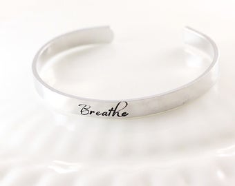 Personalized skinny cuff bracelet - Inspirational jewelry - Hand stamped cuff - Silver bracelet - Breathe -Stacking bangle - Gift under 25