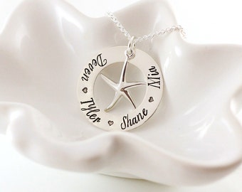 Customized Mommy jewelry - Hand stamped sterling silver washer necklace with starfish charm - Eternity necklace - Beach lover