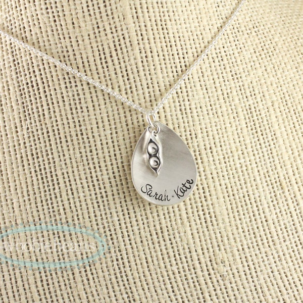 Sterling silver tear drop pea pod necklace - Personalized Mommy necklace - Custom hand stamped jewelry - Gift for mom - Name necklace