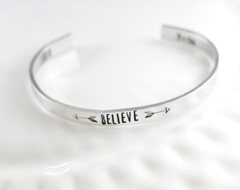 Hand stamped cuff bracelet - Skinny cuff - Believe - John 3:16 - Bible verse jewelry - Faith jewelry -  Stacking bracelet - Silver cuff