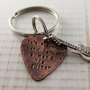 Copper guitar pick keychain, keyring with guitar, hand stamped customized image 3