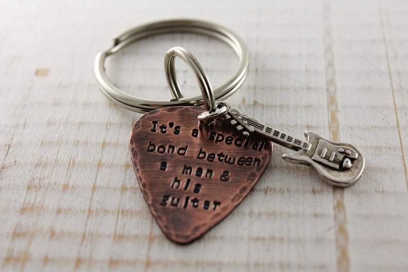 Copper guitar pick keychain, keyring with guitar, hand stamped customized image 3