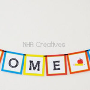 May include: A colourful welcome back banner with the words "WELCOME BACK" in black letters on a white background. The banner is made of individual squares with alternating colours of red, yellow, blue, and orange. The squares are connected by a black string. There is a small red apple and a yellow pencil on one of the squares.