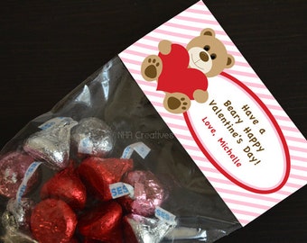 Personalized Valentine's Day Treat Bag Topper - Bear with Heart - DIY Printable Digital File