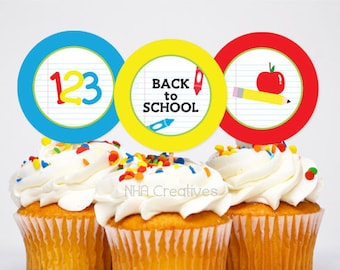 Back To School Themed Cupcake Toppers - School Supplies -  DIY Printable Digital File