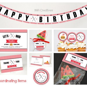 May include: A set of printable party decorations for a barbecue themed birthday party. The set includes a banner that says "Happy Birthday", a thank you card, an invitation, and cupcake toppers. The decorations feature a red and white checked pattern, a hamburger, and crossed utensils.