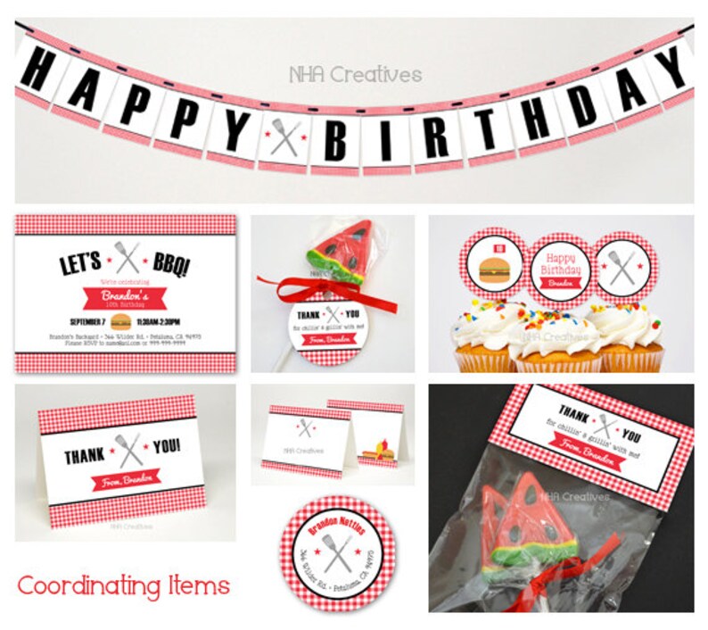 May include: A set of printable party decorations for a barbecue themed birthday party. The set includes a banner that says "Happy Birthday", a thank you card, an invitation, and cupcake toppers. The decorations feature a red and white checked pattern, a hamburger, and crossed utensils.