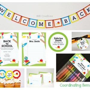 May include: Back to school party printable set with a welcome banner, invitations, cupcake toppers, and gift tags. The design features a green and red colour scheme with school supplies and a 123 theme.