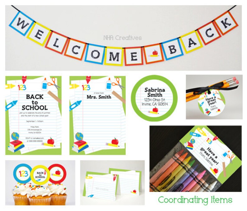May include: Back to school party printable set with a welcome banner, invitations, cupcake toppers, and gift tags. The design features a green and red colour scheme with school supplies and a 123 theme.