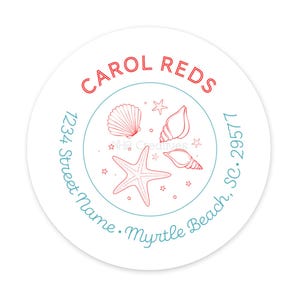 May include: A circular white sticker featuring a red outline of a starfish and various seashells in the center. The text CAROL REDS is printed in red at the top, while 1234 Street Name, Myrtle Beach, SC, 29577 is printed in blue along the edge.