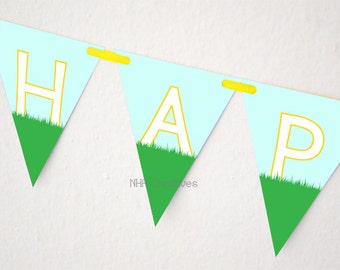May include: A blue and green banner with the word "HAP" in white letters outlined in yellow. The banner is made of triangular flags with a green grass design at the bottom.