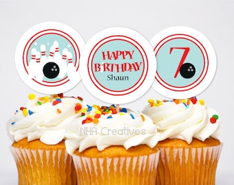 Personalized Bowling Birthday Cupcake Toppers - DIY Printable Digital File