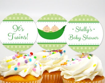 Twins Cupcake Toppers - Two Peas In A Pod -  Personalized DIY Printable Digital File