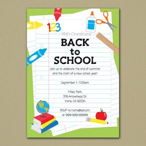 Back To School Party Invitation - School Supplies - Personalized DIY Printable Digital File image 1
