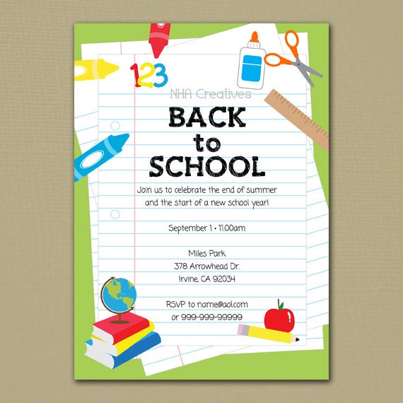 Back To School Party Invitation - School Supplies - Personalized DIY Printable Digital File