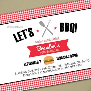 May include: A red and white checked background with a white invitation for a BBQ party. The invitation says "Let's BBQ!" and is for Brandon's 10th birthday. The party is on 7th September from 11:30 AM to 2:30 PM at Brandon's Backyard. The address is 366 Wilder Rd. Petaluma, CA 94975. The RSVP information is name@aol.com or 999-999-9999.