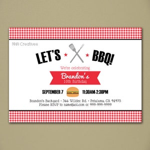 May include: Red and white gingham background with a white invitation for a BBQ party celebrating Brandon's 10th birthday. The invitation includes the date, time, location, and contact information for RSVP.
