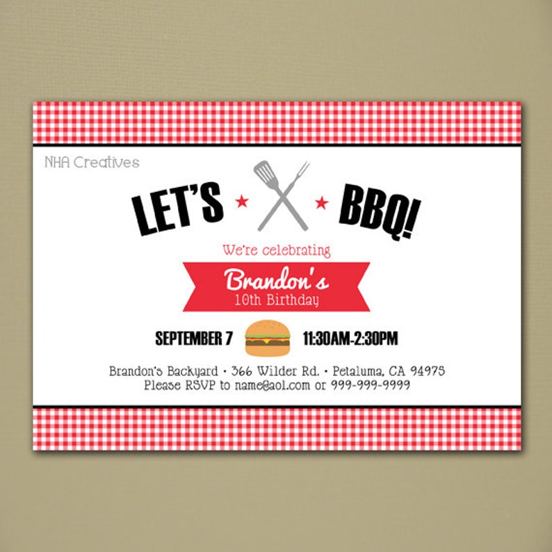 May include: Red and white gingham background with a white invitation for a BBQ party celebrating Brandon's 10th birthday. The invitation includes the date, time, location, and contact information for RSVP.