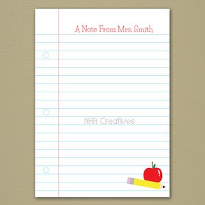 Personalized Teacher Note Card - 5x7" Flat Card - Notebook Paper - Personalized DIY Printable Digital File