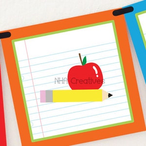 May include: A red apple with a green stem and a yellow pencil with a pink eraser on top of it. The apple and pencil are on a white sheet of paper with blue lines. The paper is framed with a green border and an orange border. The text "NHA Creatives" is printed on the paper.