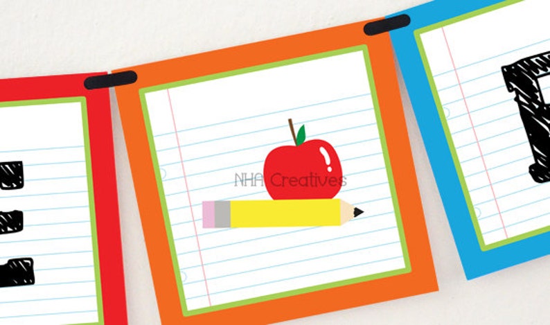 May include: A red apple with a green stem and a yellow pencil with a pink eraser on top of it. The apple and pencil are on a white sheet of paper with blue lines. The paper is framed with a green border and an orange border. The text "NHA Creatives" is printed on the paper.