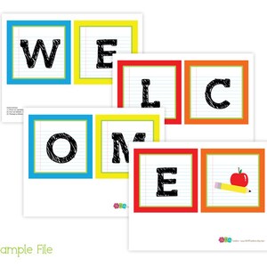 May include: Welcome banner with colourful squares and black letters on a white background. Each letter is on a separate square with a lined paper texture. The letters spell out "WELCOME".