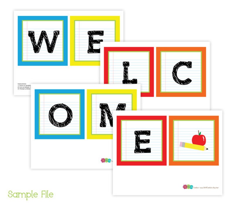 May include: Welcome banner with colourful squares and black letters on a white background. Each letter is on a separate square with a lined paper texture. The letters spell out "WELCOME".