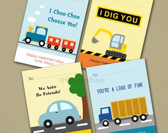 Personalized Vehicles Valentine's Day Cards - Train, Digger, Car, Truck -  Set of 4 - DIY Printable Digital File