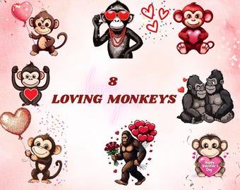 Valentinstag Affe Clipart, lustige Tier PNG Grafiken (digitaler Download)