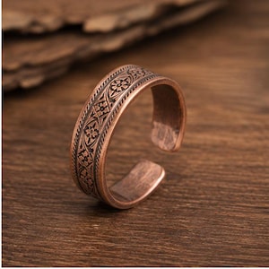Adjustable Copper Cuff Ring, Vintage Engraved Floral Band, Boho Open Ring, Handmade Copper Jewelry, Rustic Statement Ring, Wedding gift.