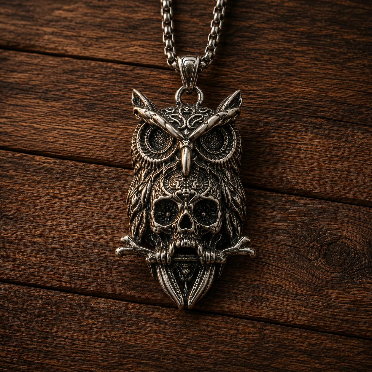 Gothic Owl Skull Pendant Necklace, Dark Fantasy Pendant, Viking Owl Jewelry, Gothic Skull Necklace, 