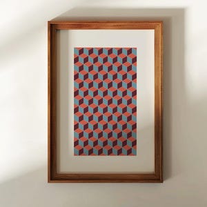3D Cube Pattern Poster, Mid Century Modern Wall Art, Geometric Isometric Print Terracotta Blue, Bauhaus Optical Illusion Decor