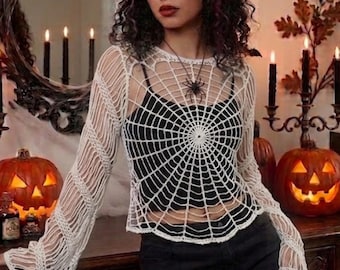 Wzór na szydełkowy top z motywem pajęczej sieci w formacie PDF, szydełkowy top z siateczki na Halloween, gotycki sweter z pajęczyny, szydełkowy top festiwalowy, koszula z siateczkowymi rękawami, pomysł na jesienny prezent DIY